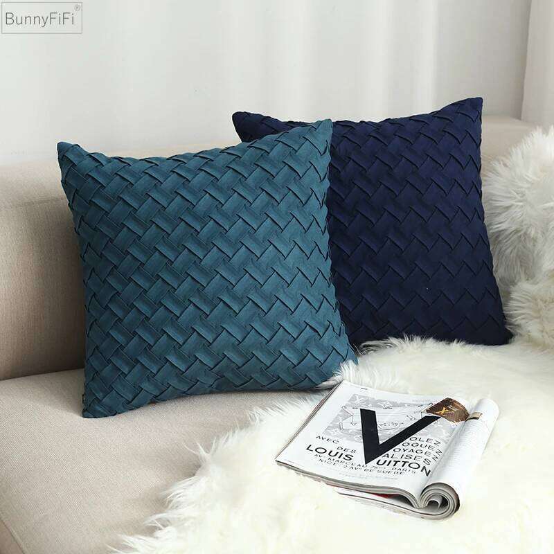 Suede Blue Cushion Faux Soft Home Decorative Navy Pillow Cover Woven Pattern Green 45x45cm/30x50cm