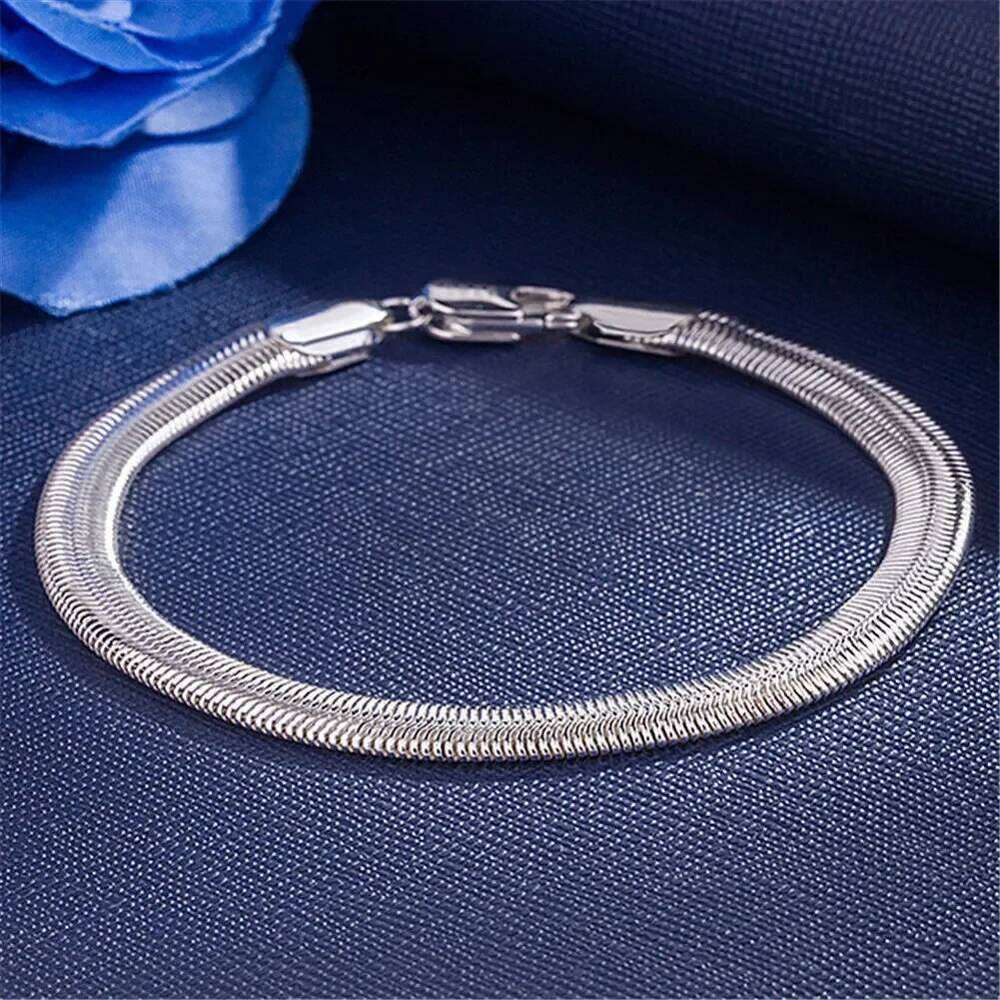 Hot classic fine 6MM Flat snake bone chain fashion Silver Bracelet for man woman Wedding party Gifts brands jewelry 26H0206