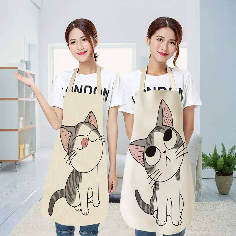 1 Pcs Kitchen Apron Animals Cute Cartoon Cat Sleeveless Cotton Linen Women Home Cleaning Tools Aprons for Woman S260205