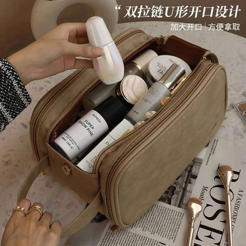 Multifunctional Makeup for Women PU Leather Large Capacity Portable Double Zipper Travel Toiletries Storage Bag Y260206
