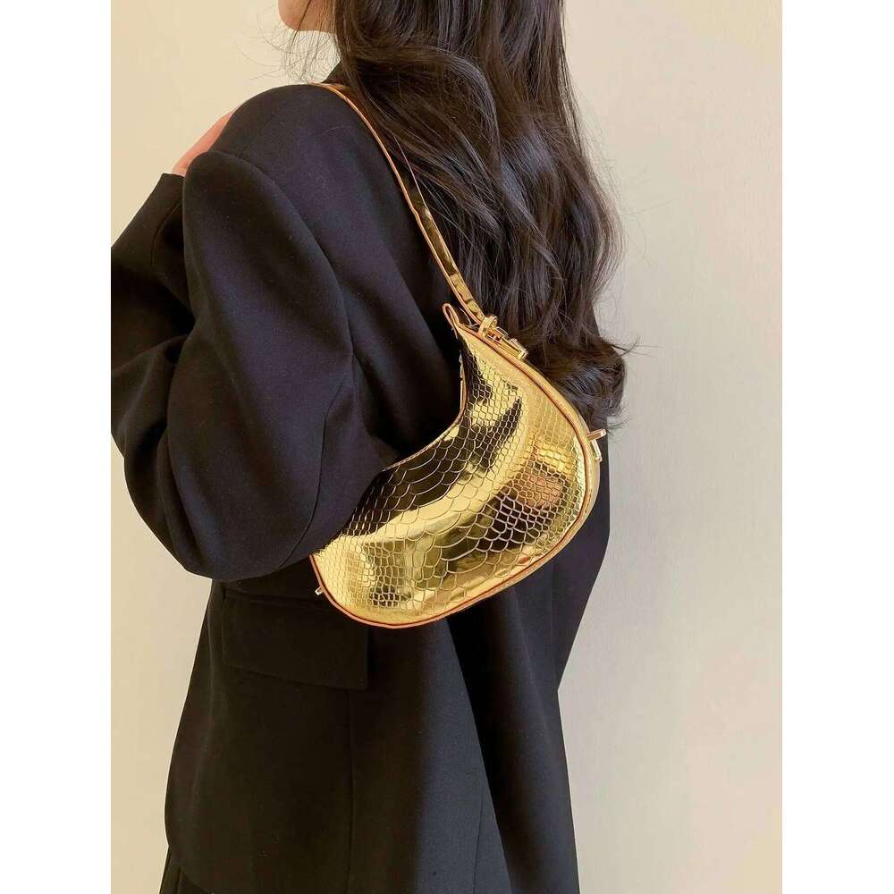 Metallic Snakeskin Hobo Solid Color Crocodile Embossed Shoulder Bag, Trendy Simple Underarm Bag Handbags For Women Y260205