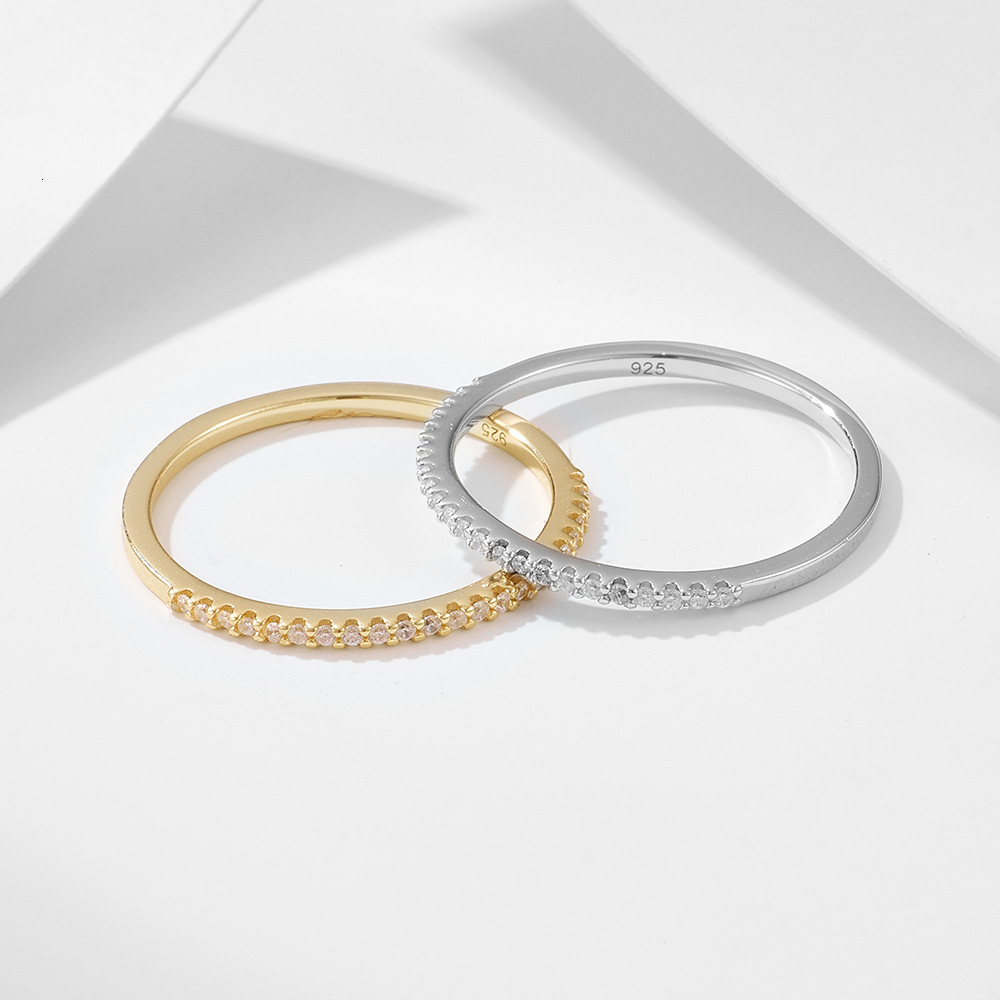 Half-Circle Inlaid Stone Single Row Women's Narrow Version Pure Silver S925 Stackable Matching Simulated Diamond Ring