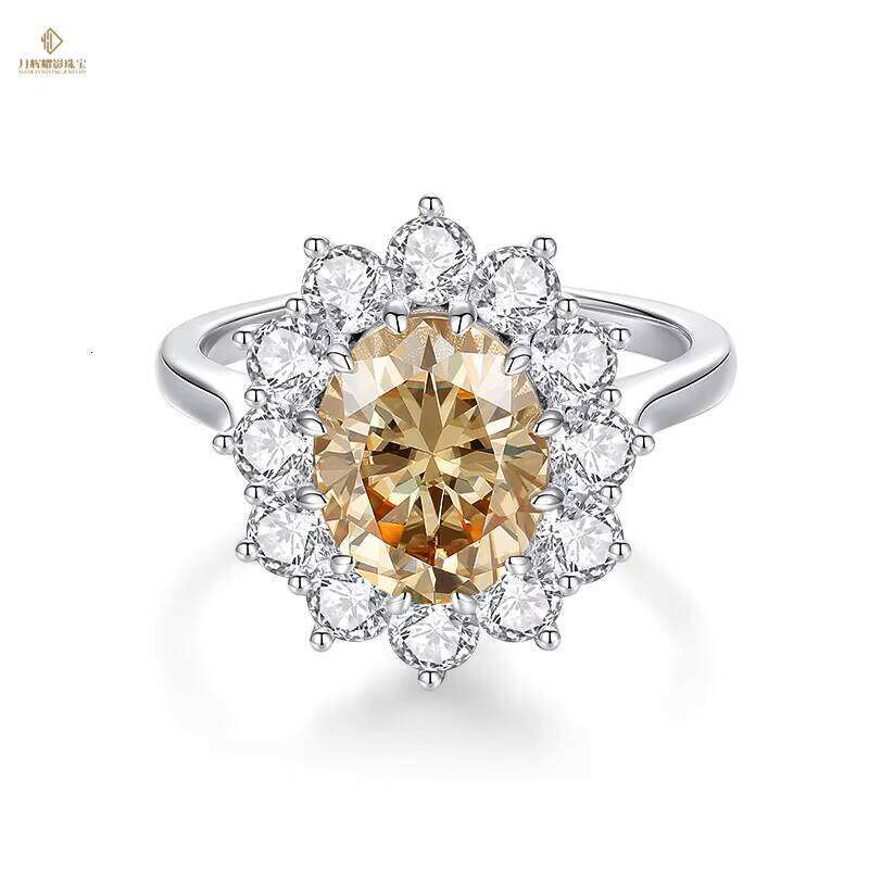 Luxury 925 Silver Champagne Oval Ring 3Ct Flower Moissanite Jewelry Pass Diamond Tester