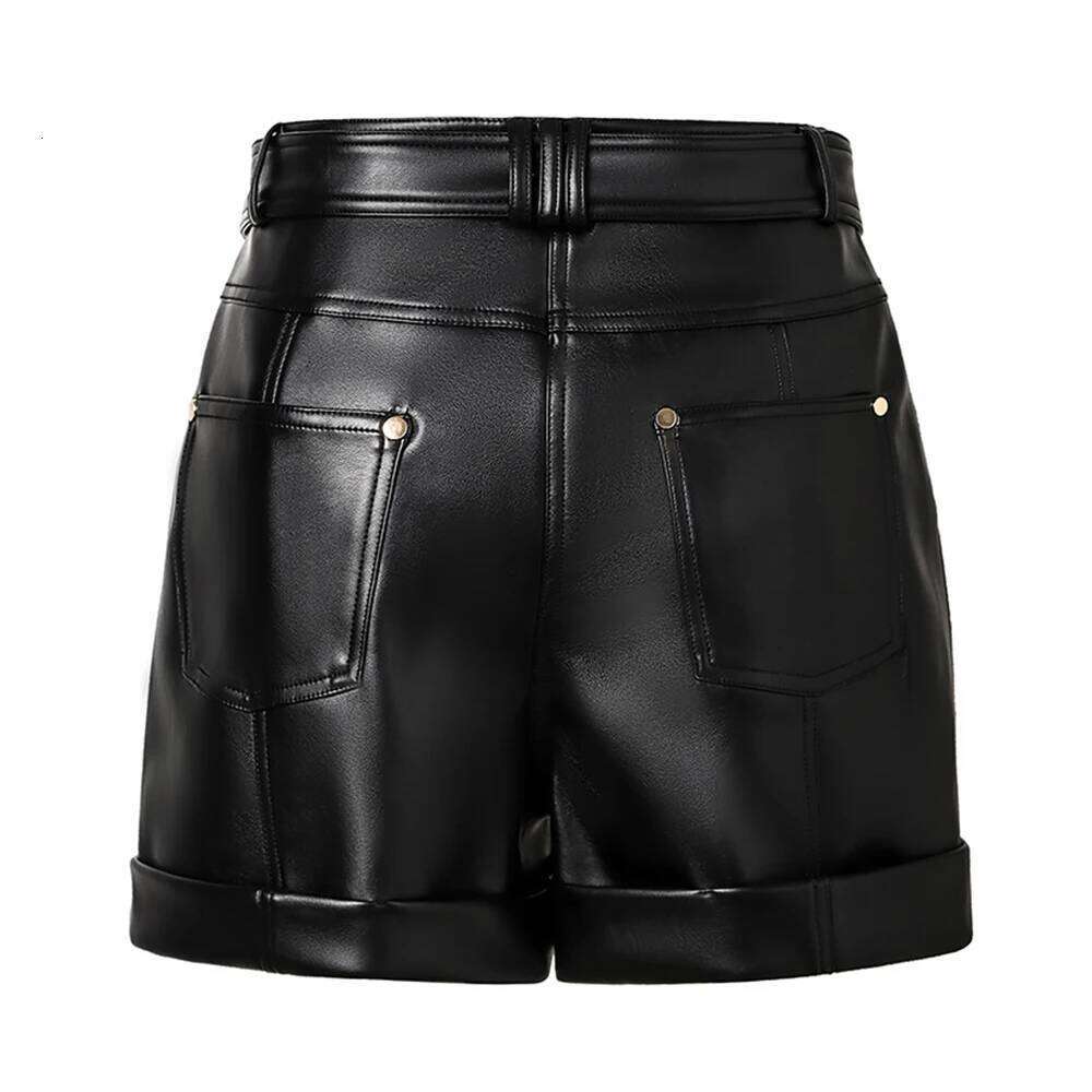 New Autumn Collections High Quality PU Leather Black Women Shorts with Belt All-mtach Casual Female Clothing XJ260206