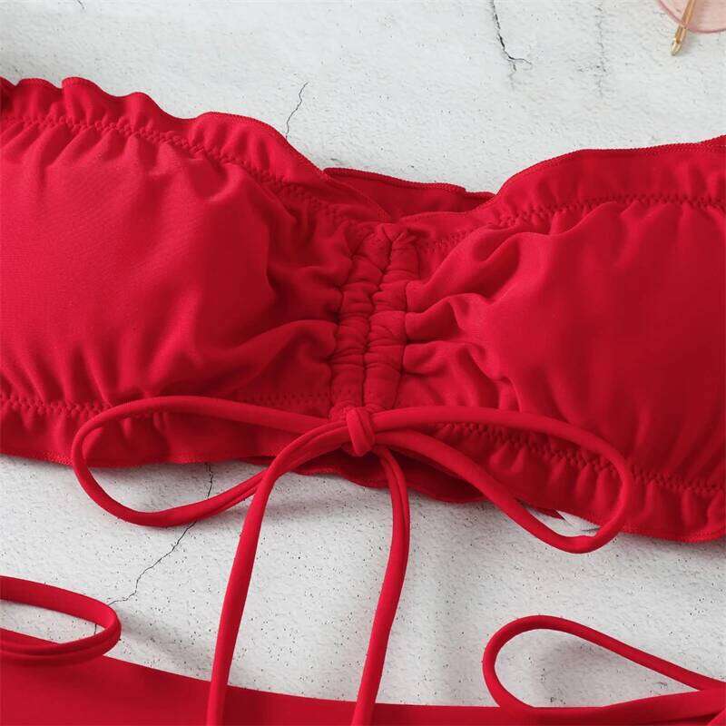 2025 Strapless String Bikini Set Red Swimsuit Women Solid Bandeau Swimwear Female Bathers Bathing Swimming Swim Suit Beachwear Z260206