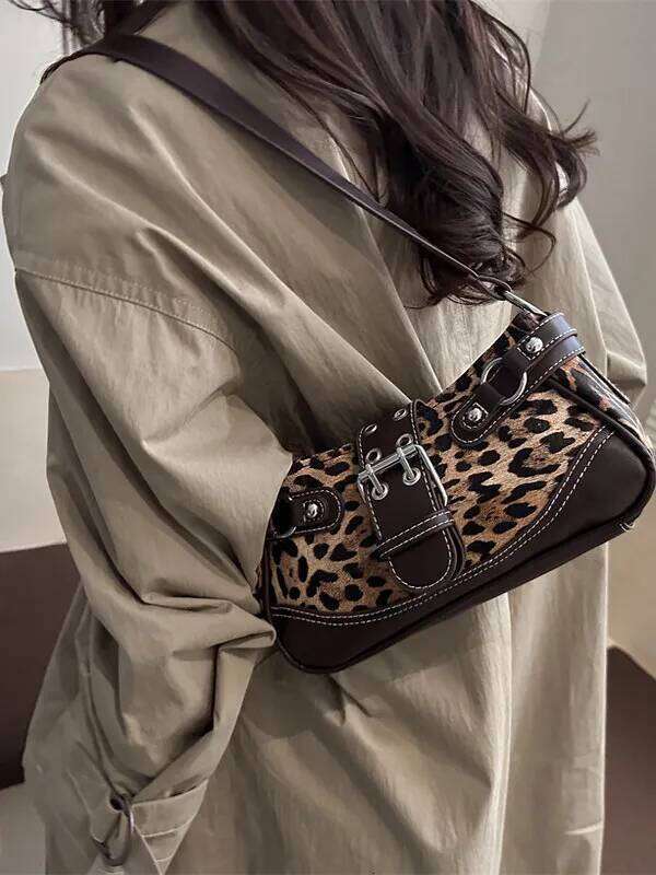 Vintage Belt Buckle Leopard Print Faux Suede Women's Shoulder Bags Fashion Versatile Female Armpit Bag Sweet Cool Ladies Handbag XJ260129
