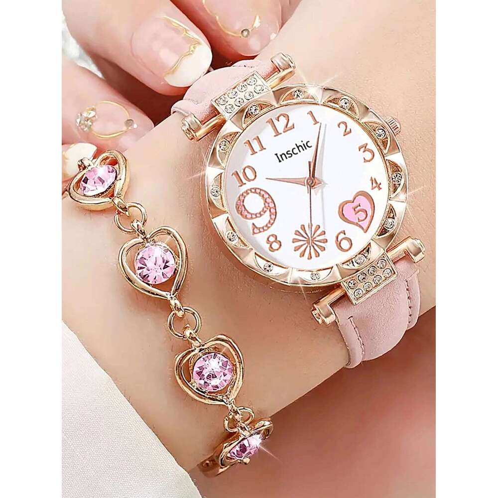 Women's quartz watch and set of inlaid jewelry, gift with heart-shaped fireworks design, does not include the box Z260206