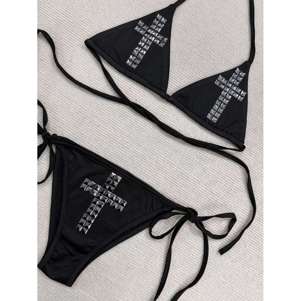 Personalized Cross Hot Diamond Bikini European American New Style Women Split Tie Sexy High Waist Two Piece Swimsuit Z260206