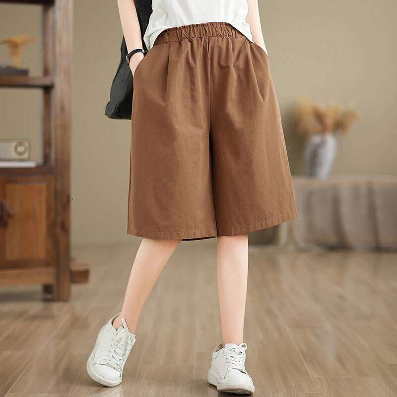 Loose Wide Leg Khaki orts Women's Summer Elastic High Waist Slimming Cotton Linen Five-Quarter Straight Cut Casual Trousers XJ260206