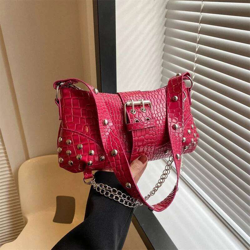 Women Shoulder Rivets Fashion Ladies Bag Trendy Rock Handbag Y2K Chain for Travel Vacation Daily Bolsa Designer Luxury Bags Y260205