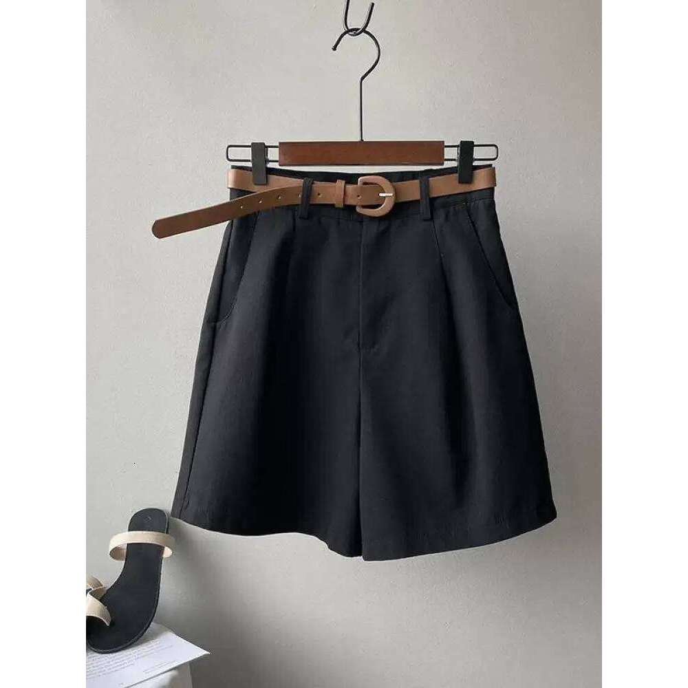 Belt Pure Cotton Women High Waist Wide Leg A Line Suit Shorts Office Lady Solid Loose Casual All Match Short Pants XJ260206