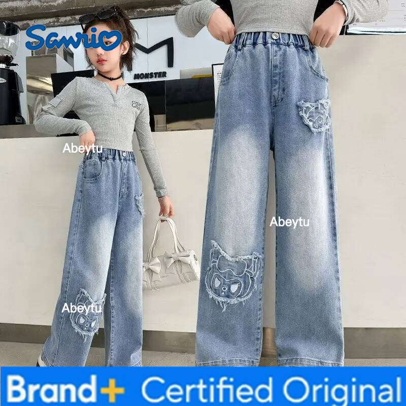 Sanrio New Autumn Korean Children With Cartoon Cat For Girl Elegant Straight Fit Denim Pants Kids Fashion Street Jeans Trousers H260206