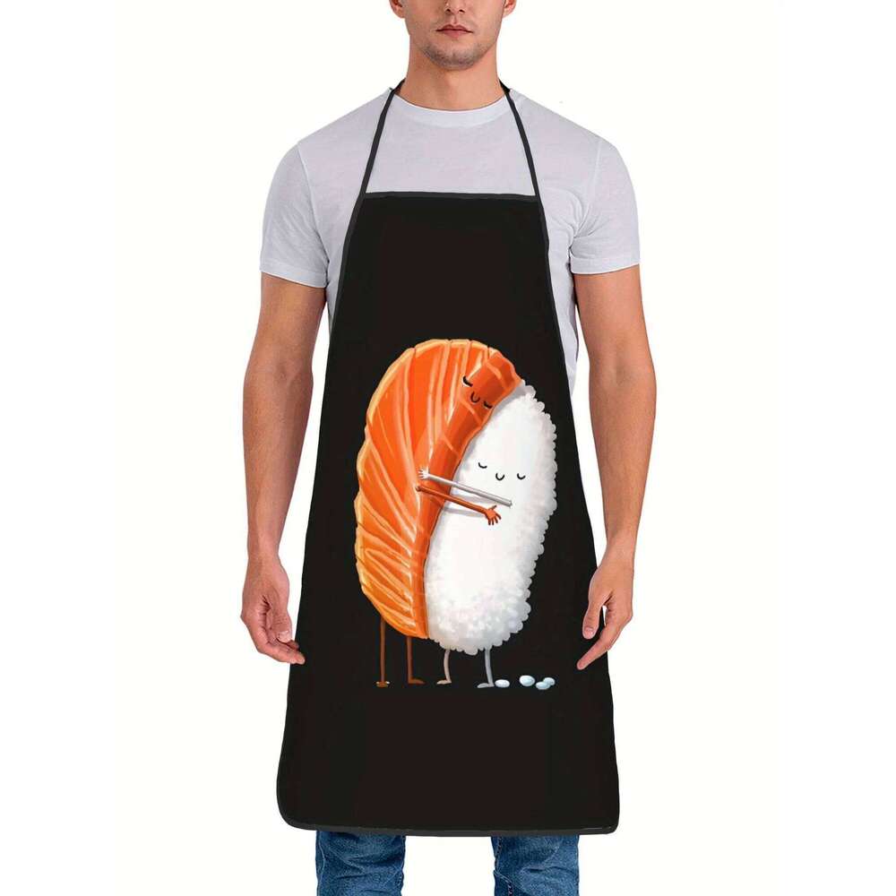 Hug Vintage-Style Apron - Black with Whimsical Sushi Design, Durable & Comfortable for Cooking, Grilling, BBQ S260205