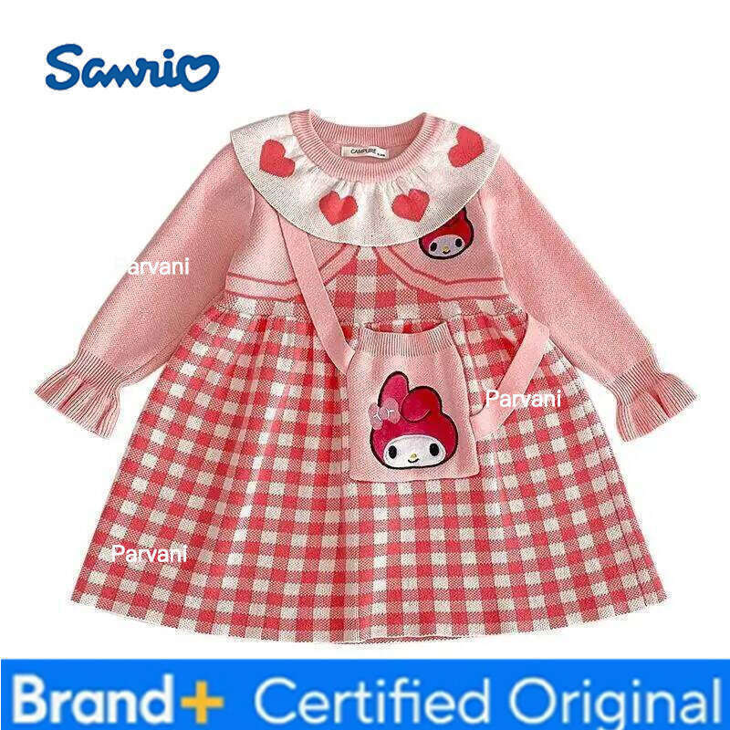 Sanrio My Melody Hello Kitty Dress Soft Wool Knit for Little Girls Autumn Winter Cute Cartoon Long Sleeve Plaid Pattern Kawaii H260206 - view 6