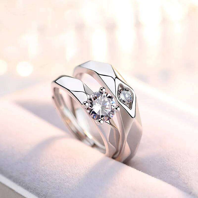 Geometric Couple's Rings For Men Women Creative Rhombus Cubic Zircon Stone Open Ring Accessories Valentine's Day Gift Jewelry W260206