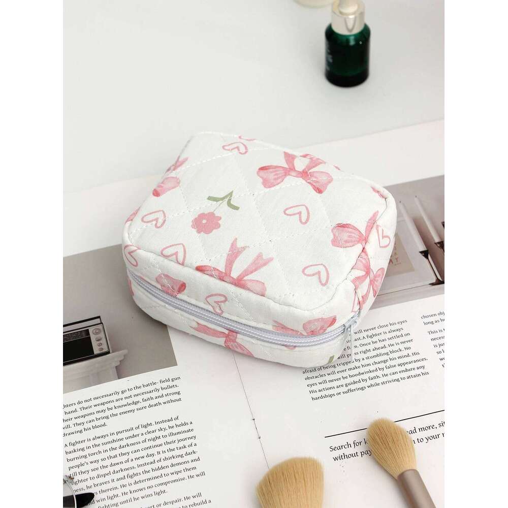 1pc bow quilted cosmetic daily tool storage cute mini bag, fashionable portable makeup bag Y260206