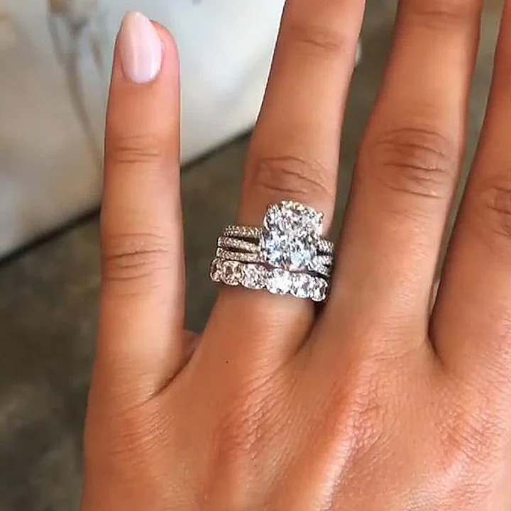 925 Sterling Silver 5A Zircon Wedding Combination for Women 10*10 Ice Flower Cut Simulated Diamond Ring Jewelry