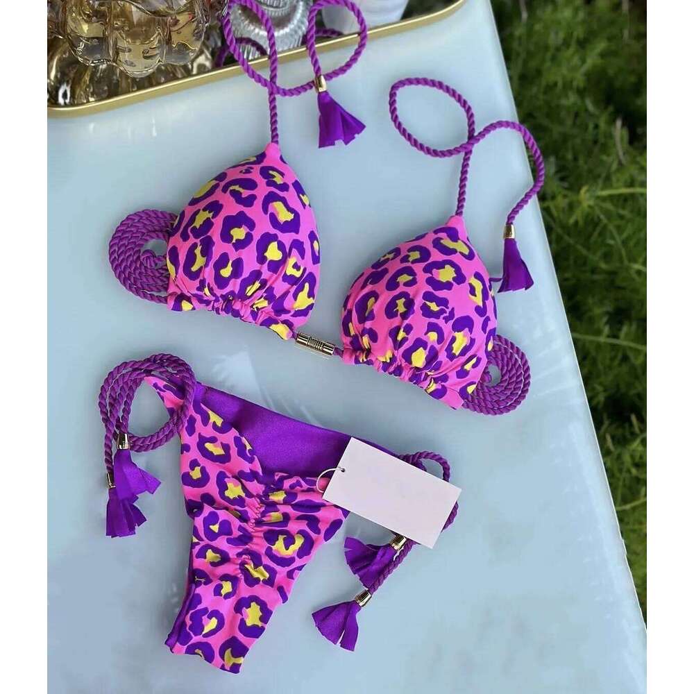 New Arrival Rope Printed Sexy Backless Split Swimsuit Nylon Spliced Color Bikini Z260206