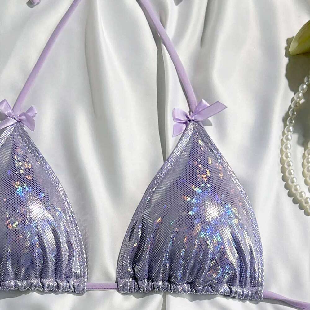Purple Shiny Bow Swimwear Sexy String Halter Micro Bikini Thong Swimsuit Woman 2026 Bathing Suit Triangle Bikinis Sets De Mujer Z260206