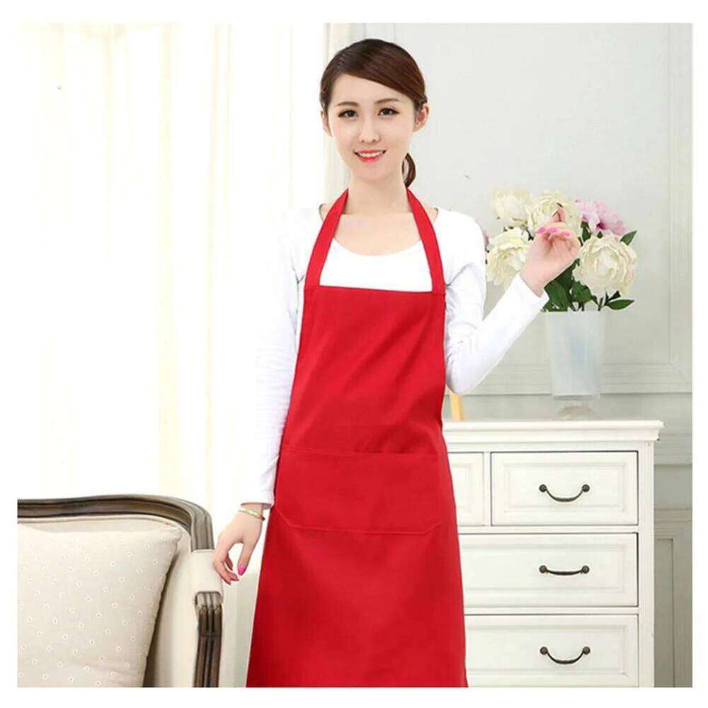 Waterproof Halter-Neck Kitchen Apron Pocket for Restaurant Home 60x70cm Red Bib Aprons with Pockets S260205