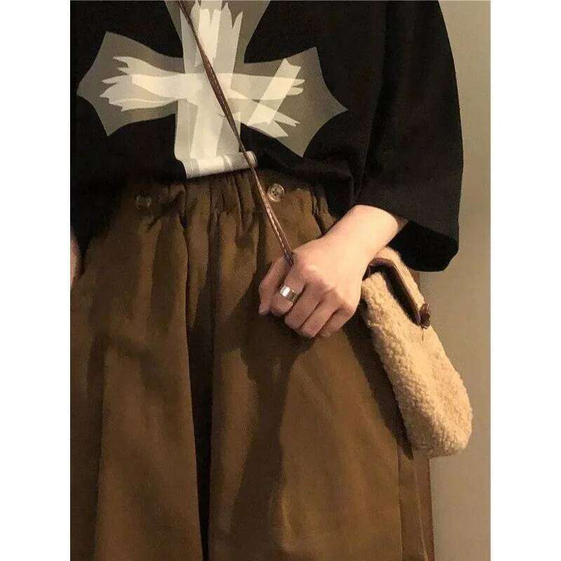 Retro Brown Workwear Pants Casual Suit Shorts Women Summer Thin Loose Wide Leg Five-Quarter Over-Knee Straight Mid-Pants XJ260206