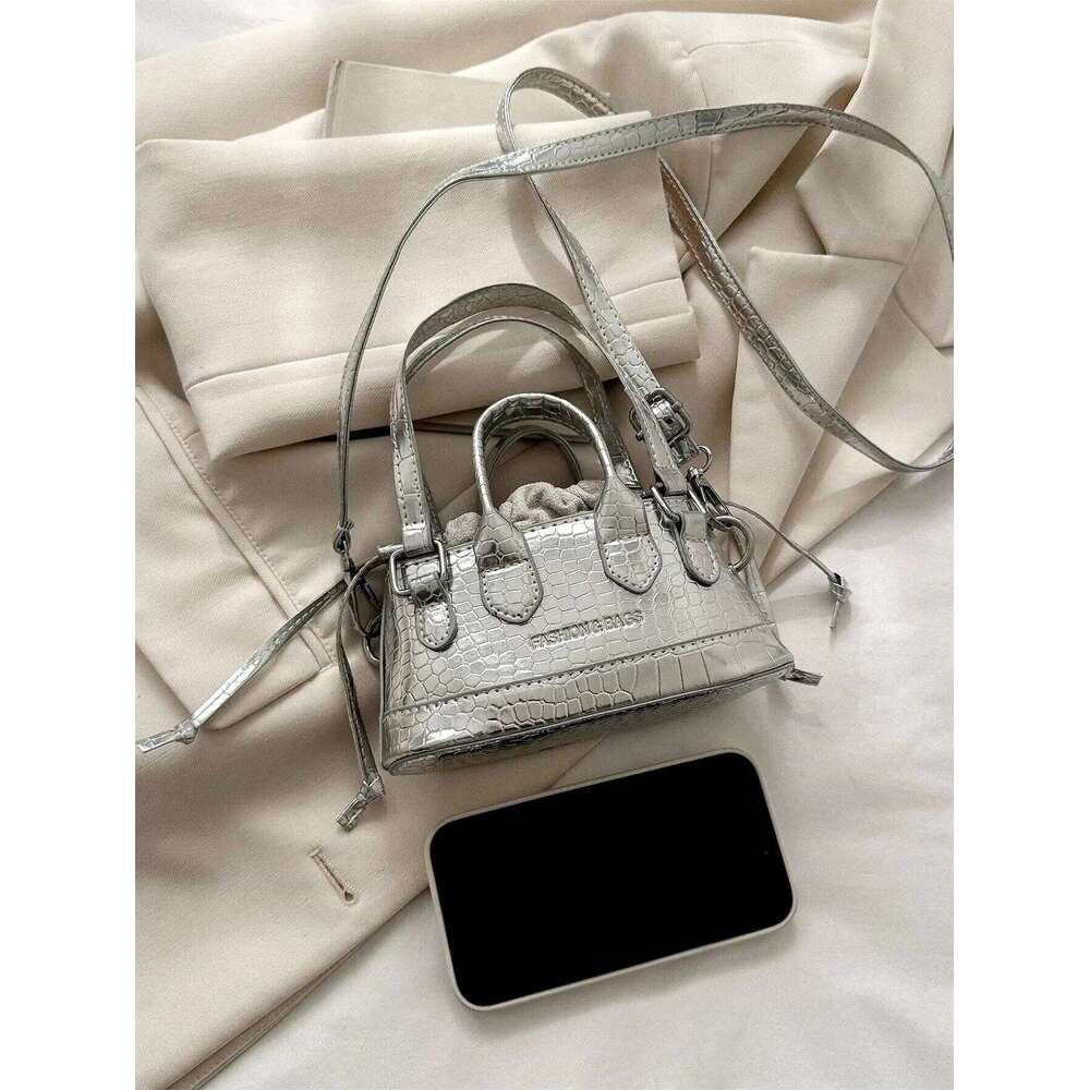 Lightweight Business Casual Mini Metallic Crocodile Embossed Bucket Drawstring Design Novelty Bag For Teen Girls Women Y260205