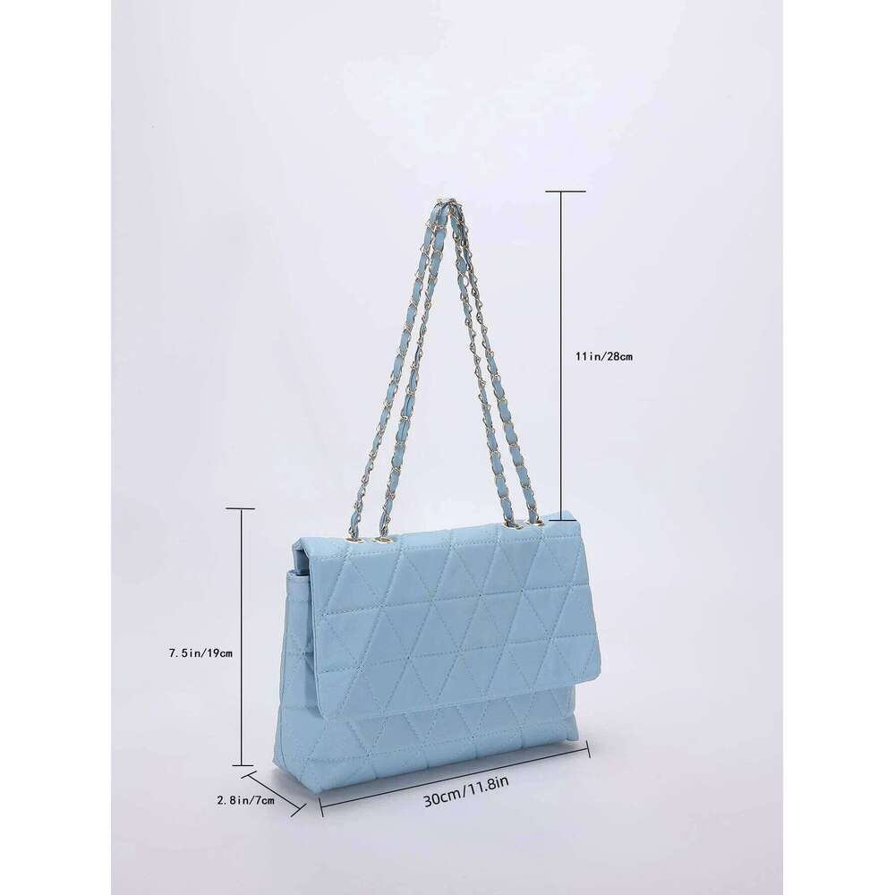 Fashion Blue Pu Flap Golden Large Capacity Niche Geometric Handbag Women's Embroidery Thread Metal Chain Shoulder Bag Y260205