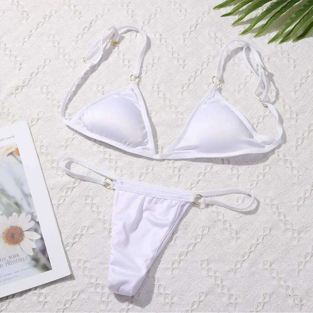 Ladies Sexy Solid Color Metal Buckle Decorated Set Woman Sling Backless Bikini Vacation Beach Swimwear Z260206