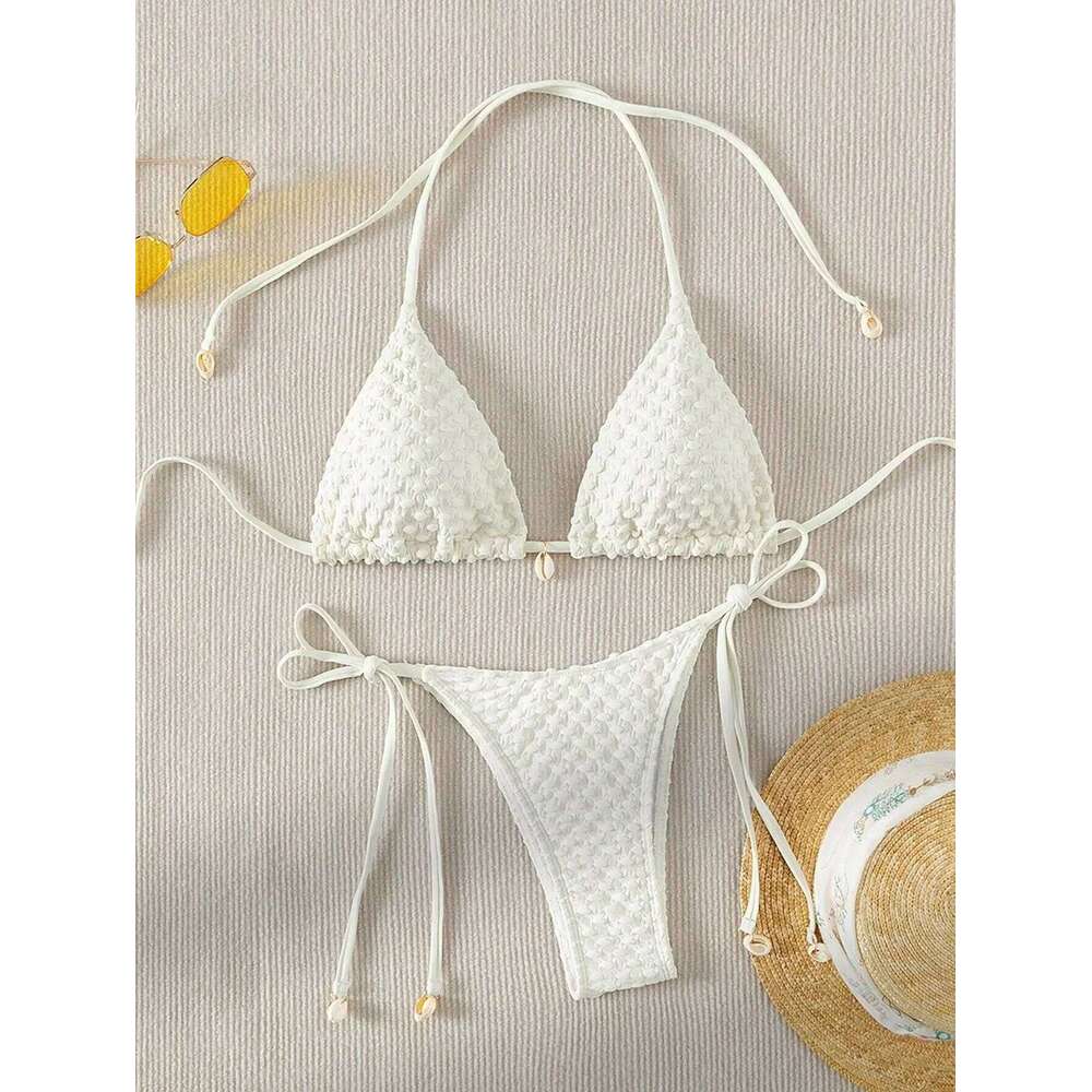 Sexy Bikini Set White Shell Swimsuit 2025 New Halter Push Up Micro Bikinis Summer Bathing Suit Tie Side Thong Swimwear Z260206