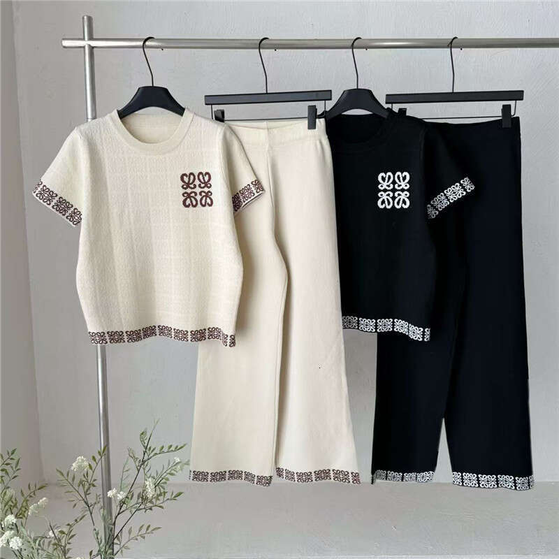 26 Summer New Round Neck Jacquard Pattern Knitted Short Sleevewide-Leg Pants Two-Piece Fashionable Set For Women