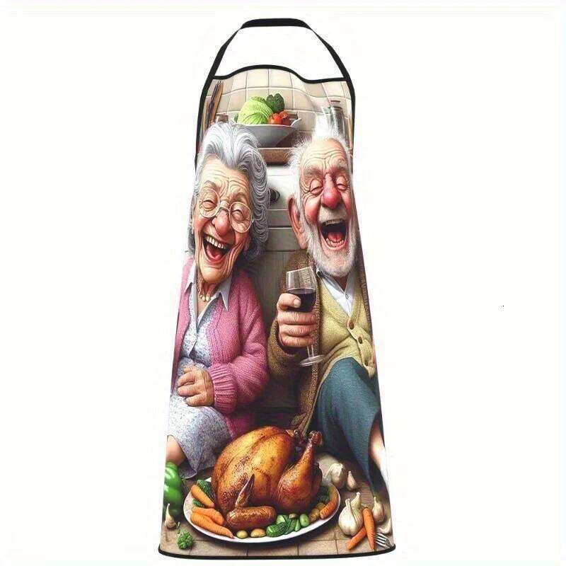 Adjustable Polyester Kitchen Apron Grandma Grandpa Roast Chicken Design, Soft Chef Cooking Bib for Men and Women S260205