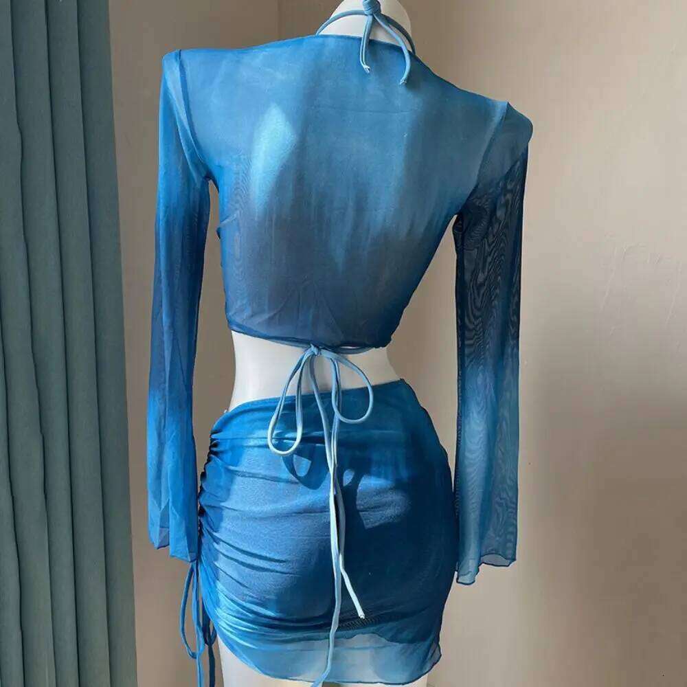 Casual Style Tie Dye Bikini Mesh Long Sleeve 4 Piece Swimsuit Pleated Skirt Side Ruched Swimwear Set Beachwear XJ260206