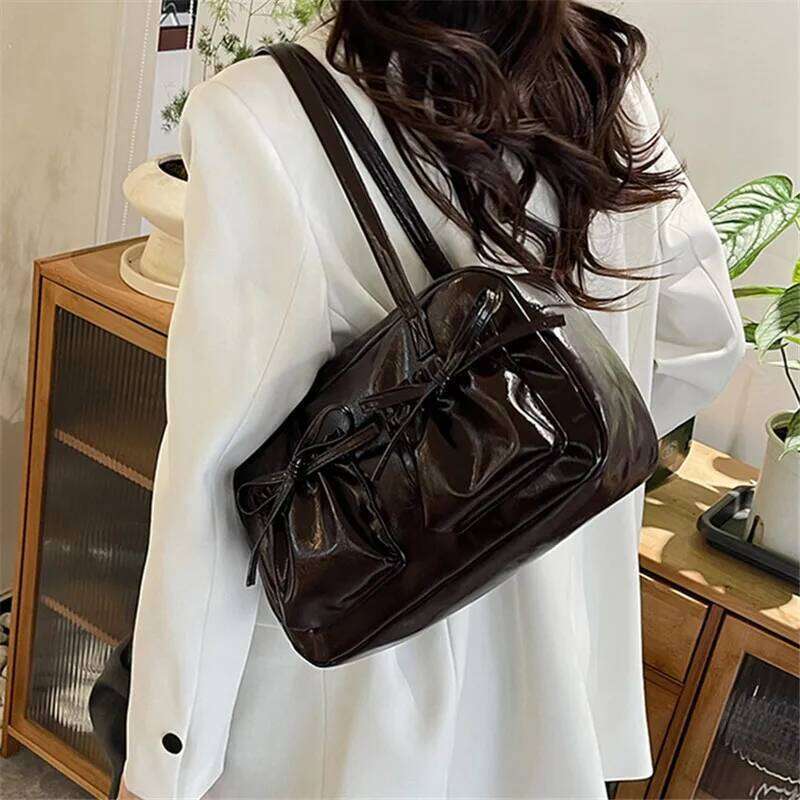 Chic Bowknot Leather Handbag Shoulder Bag, Multi-Color Stylish Totes Bags, Shiny, Versatile for Daily/Office/Date Outfits Y260205