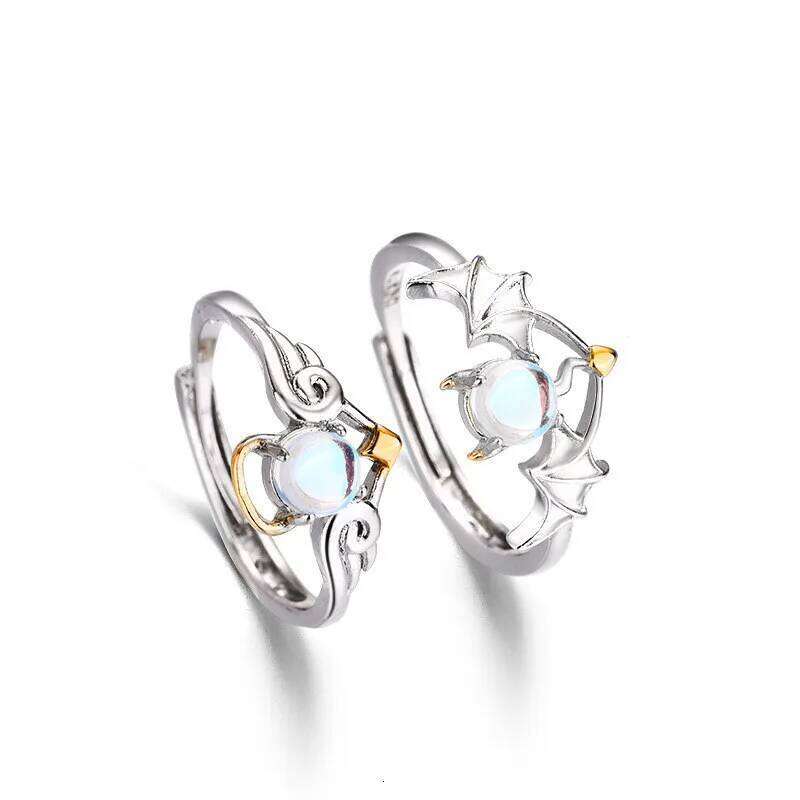 Romantic Angel and Demon Wings Couple Rings For Women Goth Fashion Moonstone Adjustable Opening Finger Men's Ring Party Jewelry W260206