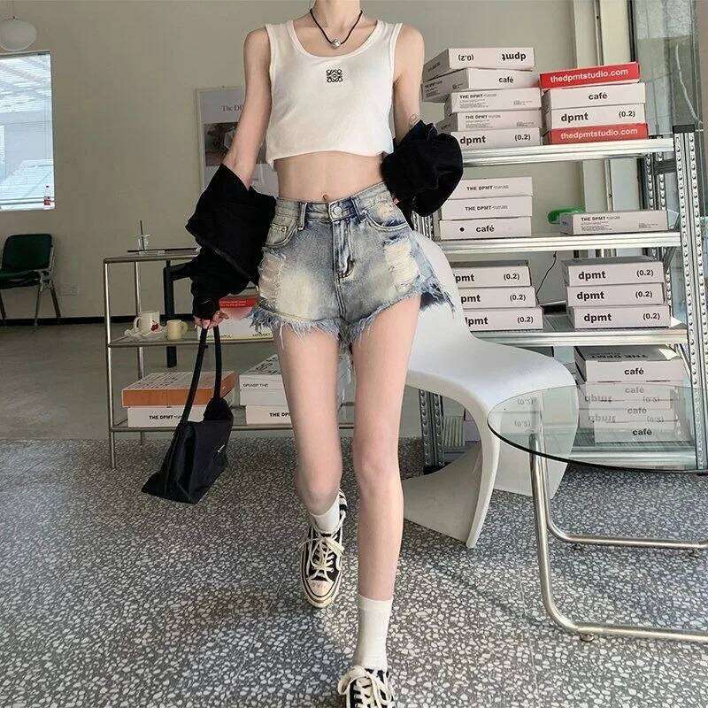 High Waist Distressed Denim Frayed Hem Slim Fit Casual Women's Jeans Shorts XJ260206