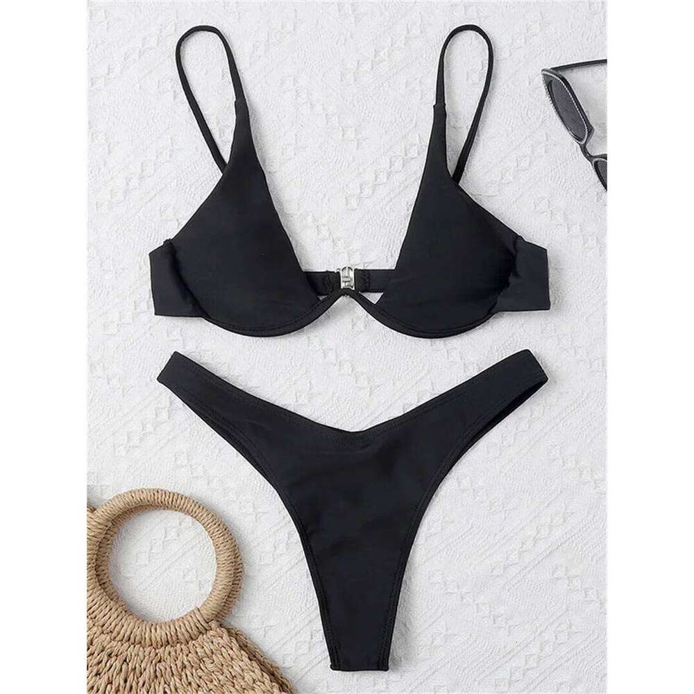 Sexy Underwire Bikini 2025 Mujer Women Solid Red Push Up Bra Swimsuit Haler V Neck Bathing Suit Mini Micro Thong Swimwear Z260206