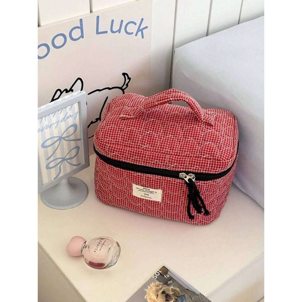 1pc/set Love Lattice Quilted Portable Storage Large Capacity Bag, Multi-function Makeup Bag Y260206