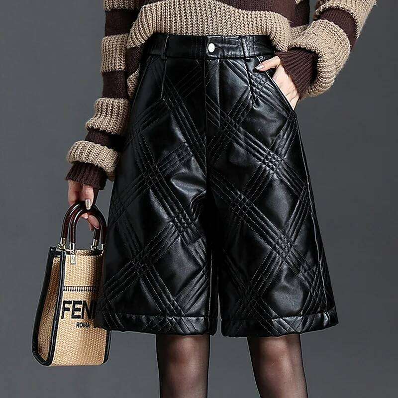 ZUZK Black PU Leather Thick For Women Winter Warm Long Shorts Motorcycle Punk High Waist Bermuda Femme XJ260206