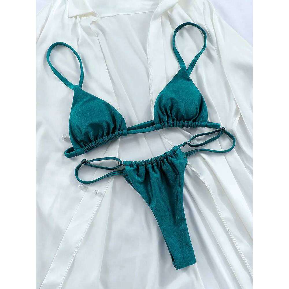 Rinabe Triangle Bikinis Solid Swimwear Women Swimsuit Push Up Bikini Set Bandage Bathing Suits Thong Two Piece Swimsuits Brown XJ260206