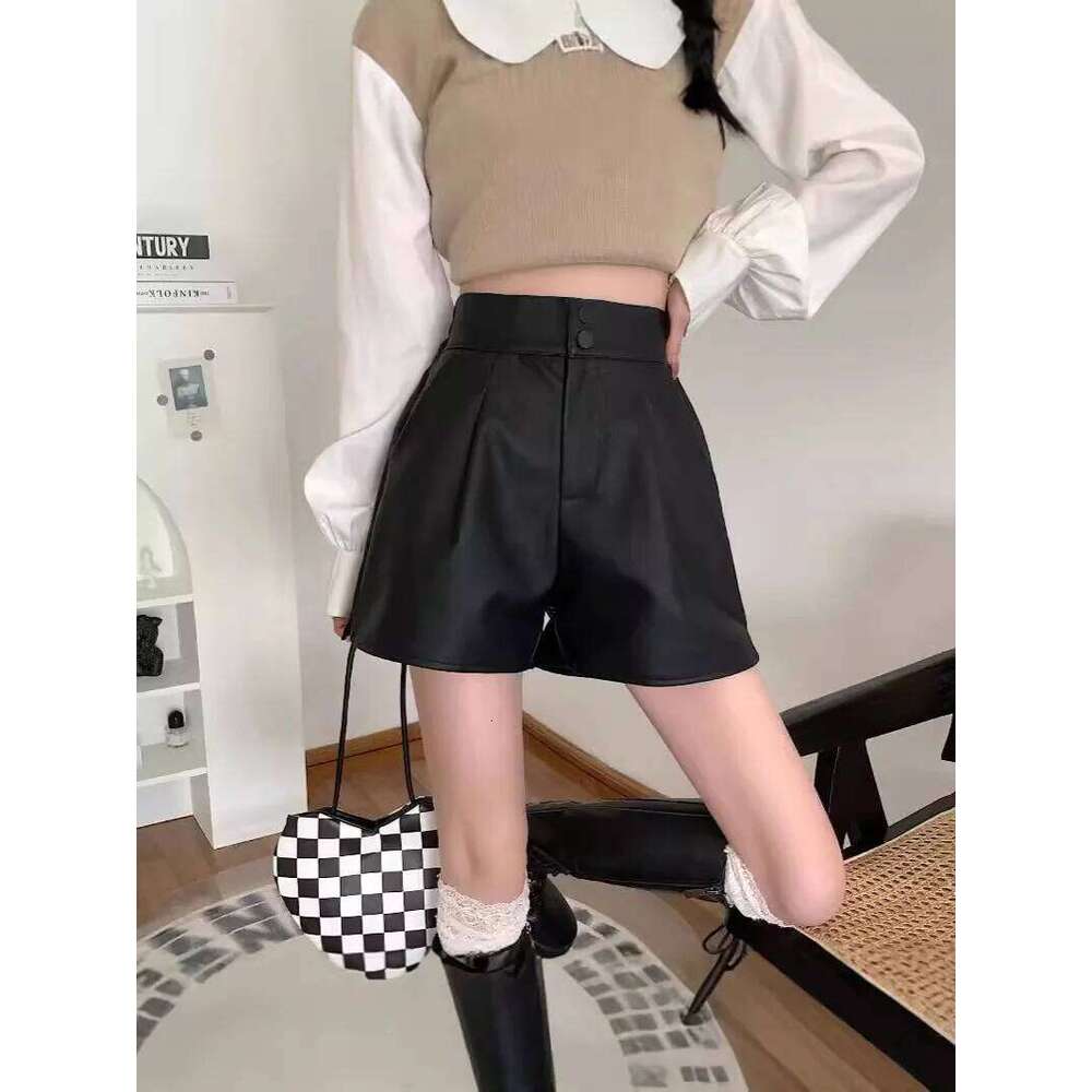 Black Leather Shorts Women's Autumn Outerwear High Waist Slimming Loose Wide Leg Pants Trendy Casual Comfortable XJ260206