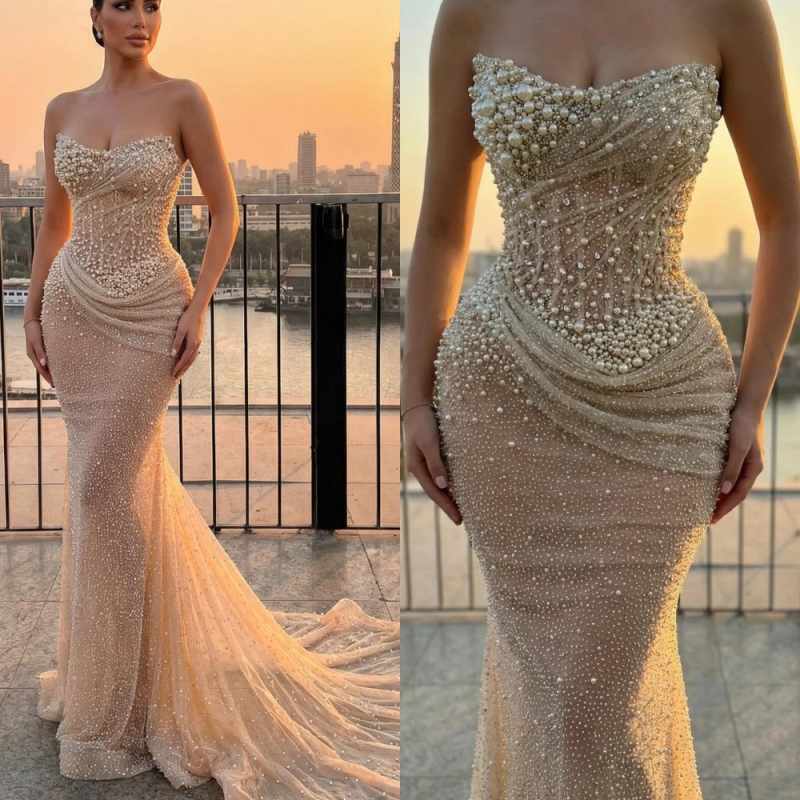 Exquisite Glitter Mermaid Women's Evening Dresses Customized Sleeveless Pearls Prom Gowns Party Vestidos Para Mujer Elegantes