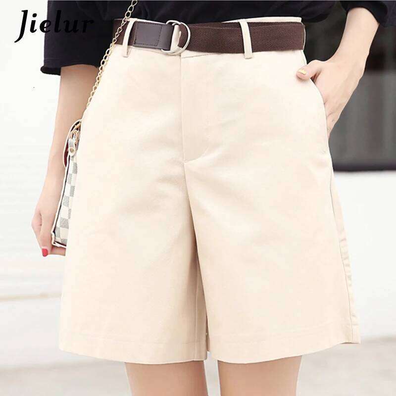 Jielur Korean Fashion Casual Summer Women Loose Wide Leg Pantalon Femme Belt Green White High Waist Shorts Female S-XXL XJ260206
