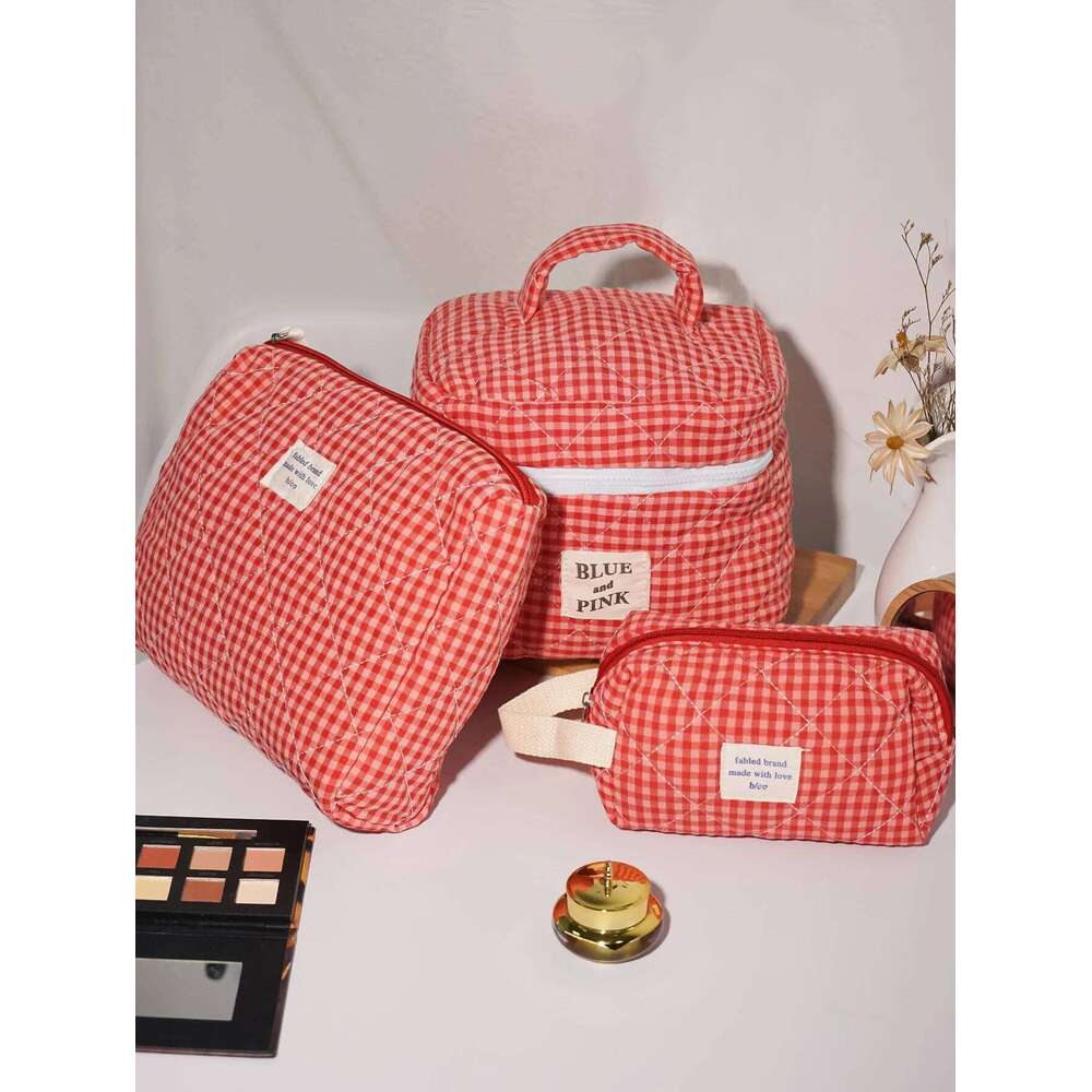 Large Capacity Cotton Makeup Women Checkered Brushes Storage Sweet Cute Travel Toiletry Bag Casual Ladies Soft Organizer Y260206