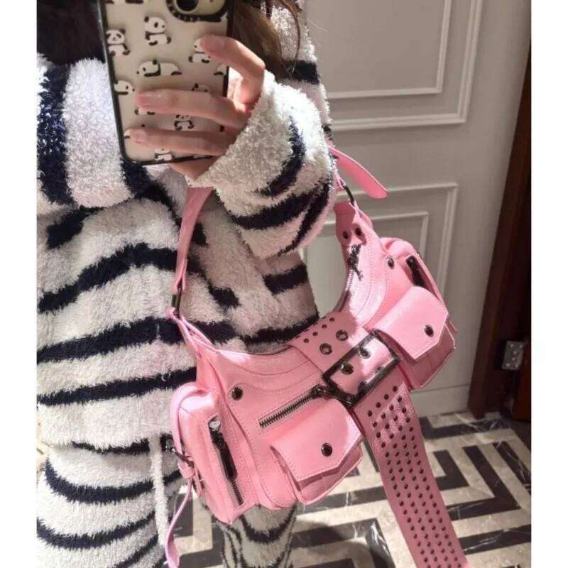 JIAERDI High Street Silver Y2k Shoulder Women Rivet Pocket Chic Casual Underarm Bag Hot Girls Moto Biker Crossbody Bags New Y260205