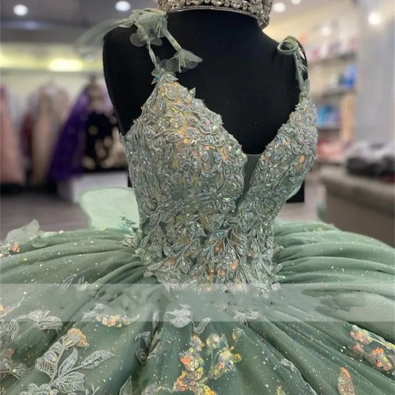 Green Shiny Quinceanera Dresses Ball Gown Off The Shoulder Applique Lace Beading Bow Tull Party Birthday Sweet 16 Dress Vestidos 15 Anos 4F06 B0313