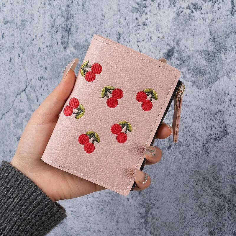 Women Vertical Buckle Cherry Embroidered Small Short Simple Wallet Girls Zipper Purse Women's Bag 2025 Card Bags Y260206