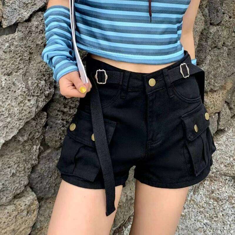 Cargo Denim Shorts Women High Waist Big Pockets Safari Style Feminino Stylish College American Retro Streetwear Youthful C260206