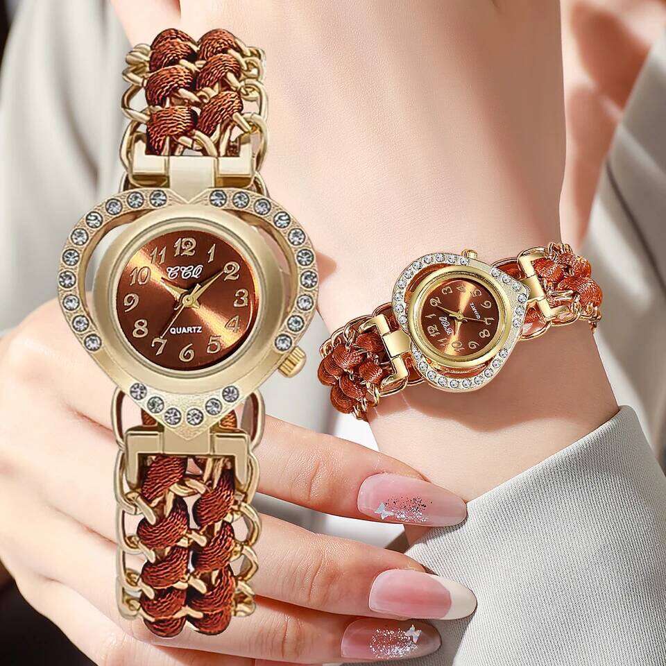 Luxury Rhinestone Women Watches Fashion Heart Dial Woven Strap Ladies Quartz Wristwatch Reloj MujerWithout Box Z260206