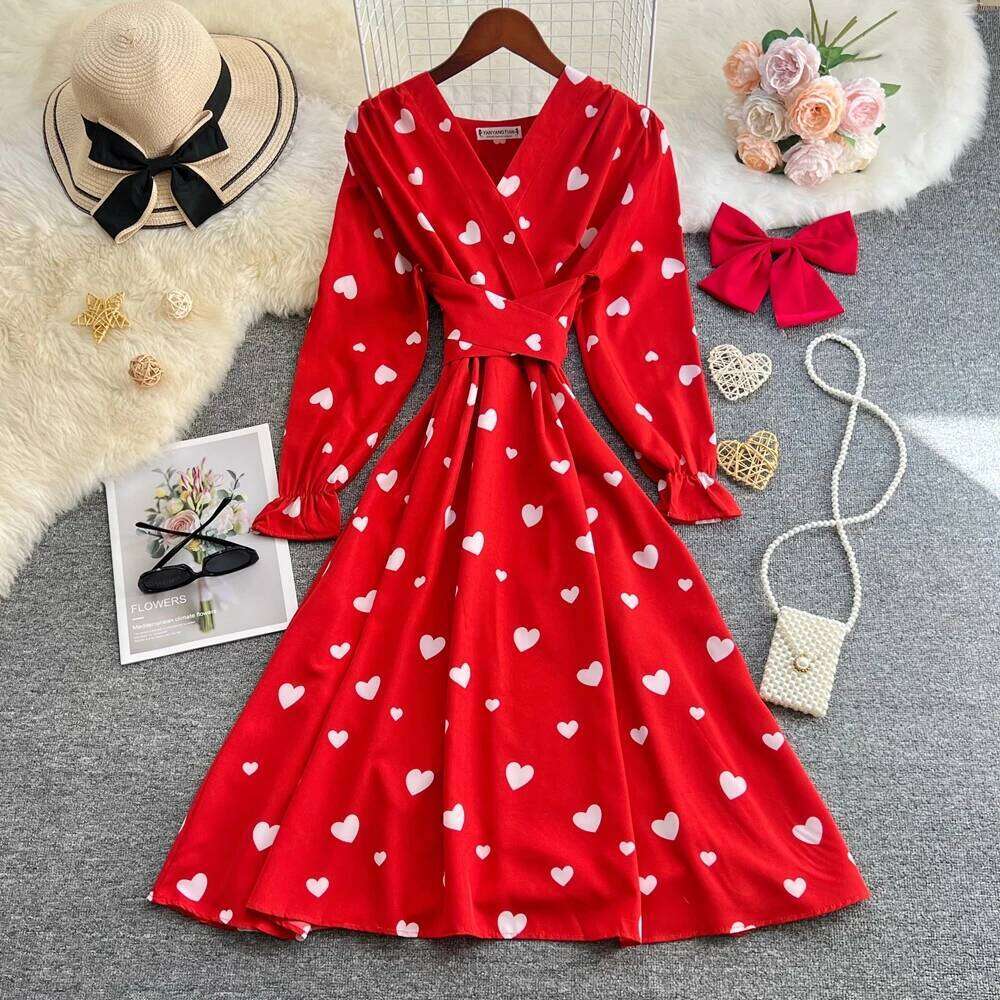 Yuoomuoo Romantic Heart Print Sleeve Women 2026 New French Fashion Slim Waist Bandage Long Dress Lady Party Vestidos