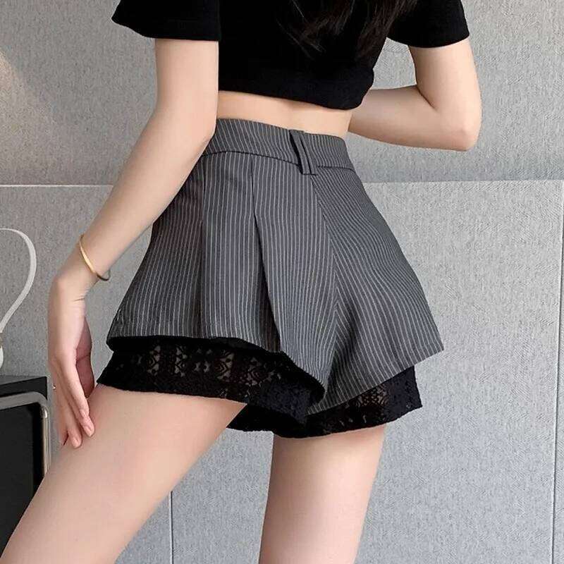 High Waist Lace Patchwork Silk Short Women's Spring Summer Thin Wide Leg Skirt Pants Casual Style Small Size Pleated XJ260206